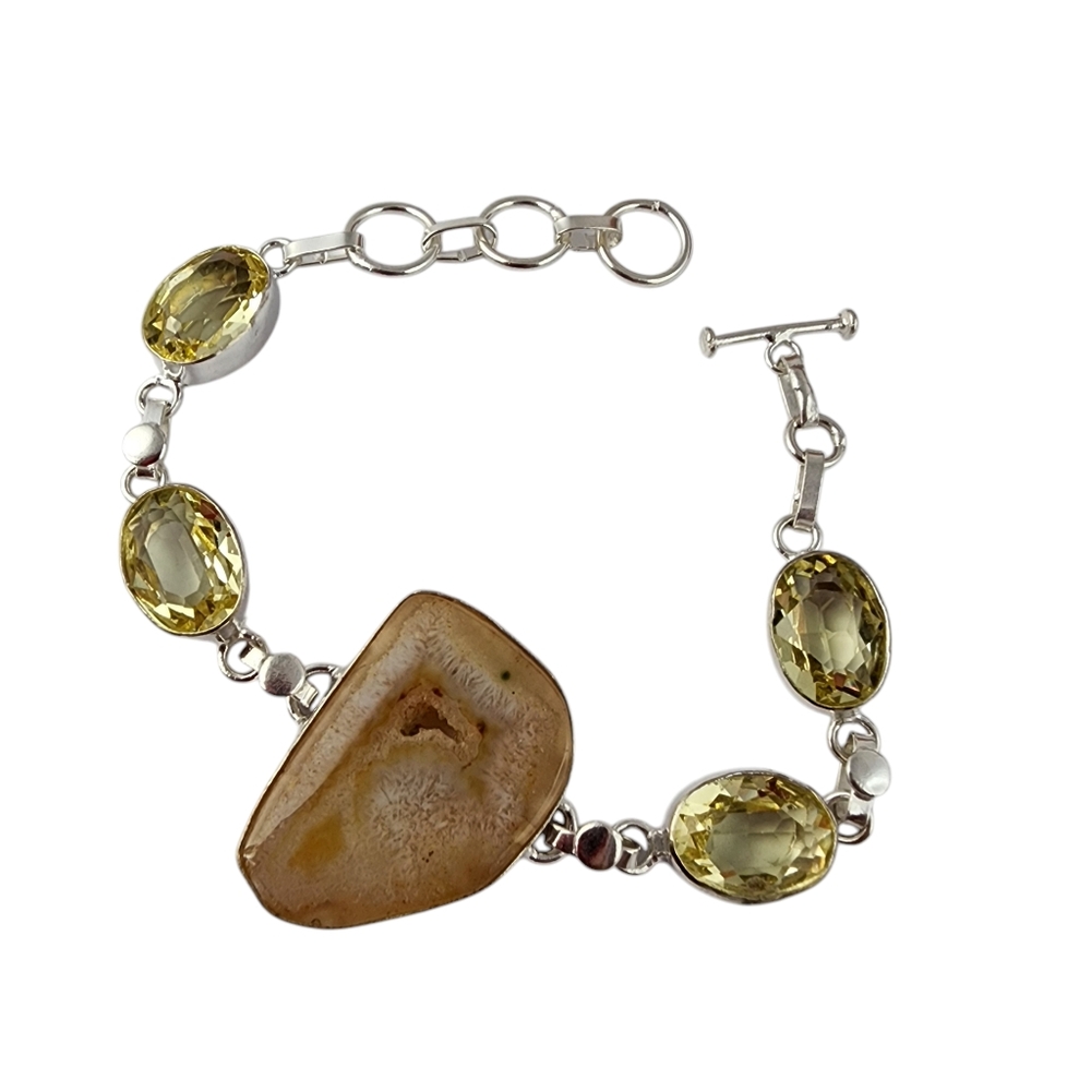 Druzy agate bracelet citrine yellow glass chunky statement bracelet silver J17